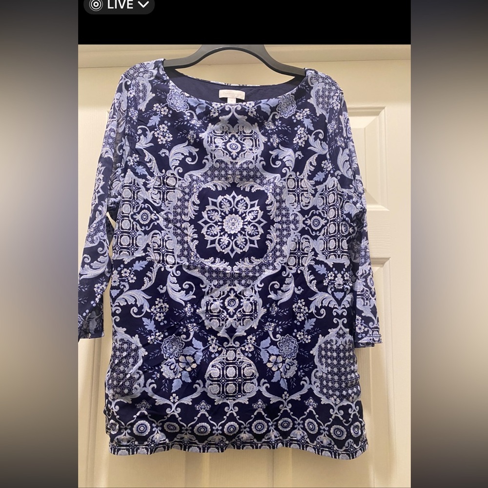 Charter Club SZ 2X  tunic in blue and white tile print